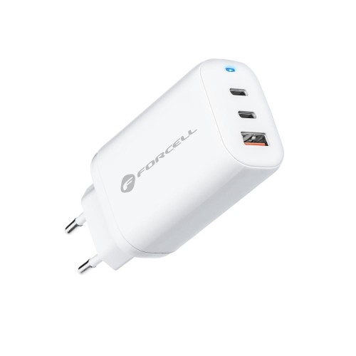 Forcell GaN 65 W wall charger with 2 x USB Type C and 1 x USB A - 3 A connectors with PD and QC 4.0 charging support