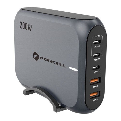 Szybka ładowarka biurkowa GaN III 3x USB C i 2x USB A QC4.0 5A PD 200W SAM SFC2.0 szara VT-51 Forcell  F-Energy