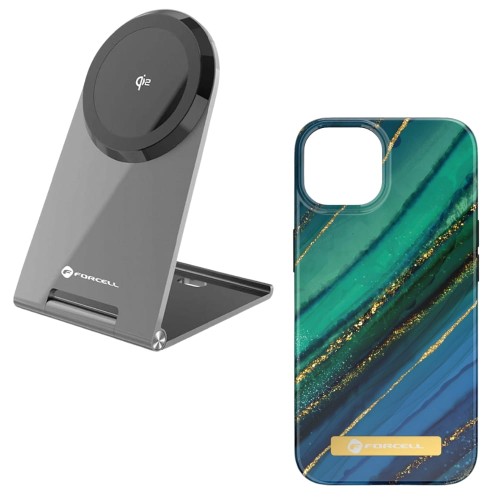 Ładowarka indukcyjna Flip Charge Qi2 15W kompatybilna z MagSafe + etui Mirage kompatybilny z MagSafe do iPhone 15 Pro Max jade marble 