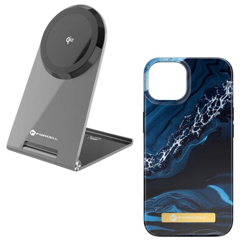 Ładowarka indukcyjna Flip Charge Qi2 15W kompatybilna z MagSafe + etui Mirage kompatybilny z MagSafe do iPhone 15 Plus ocean marble