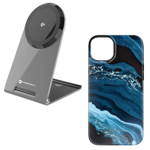 Ładowarka indukcyjna Flip Charge Qi2 15W kompatybilna z MagSafe + etui Mirage kompatybilny z MagSafe do iPhone 16 Pro deep sea 