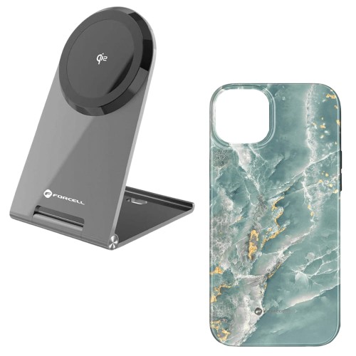 Ładowarka indukcyjna Flip Charge Qi2 15W kompatybilna z MagSafe + etui Mirage kompatybilny z MagSafe do iPhone 16 Plus green marble
