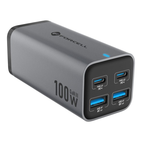 Szybka ładowarka biurkowa GaN III 2x USB C i 2x USB A QC4.0 5A PD 100W SAM SFC2.0 szara VT-49 Forcell F-Energy